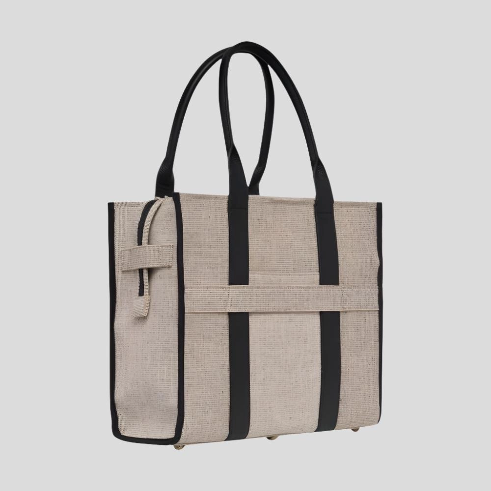 Large Bon Vivant Structured Tote Bag -- Jute Canvas Black Leather