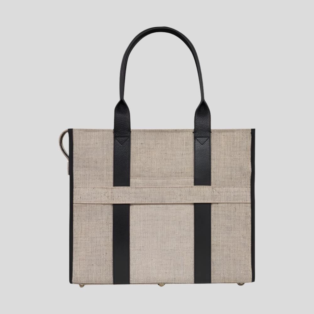 Large Bon Vivant Structured Tote Bag -- Jute Canvas Black Leather