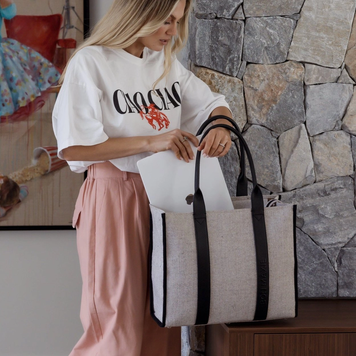 Large Bon Vivant Structured Tote Bag -- Jute Canvas Black Leather
