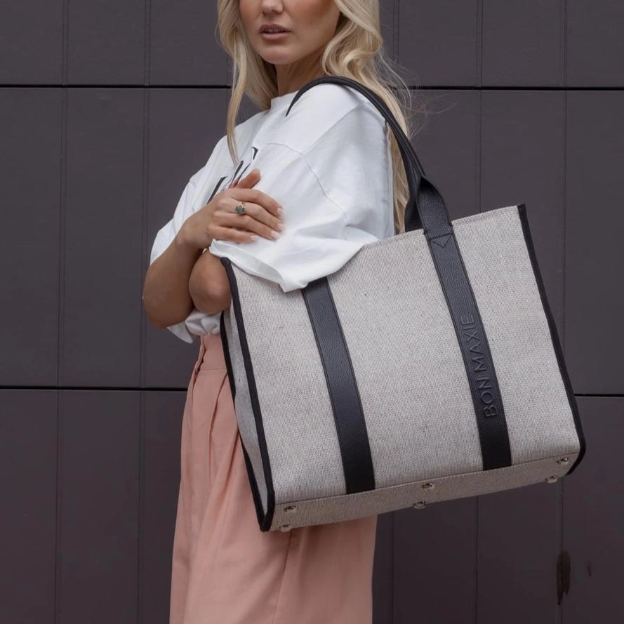 Large Bon Vivant Structured Tote Bag -- Jute Canvas Black Leather