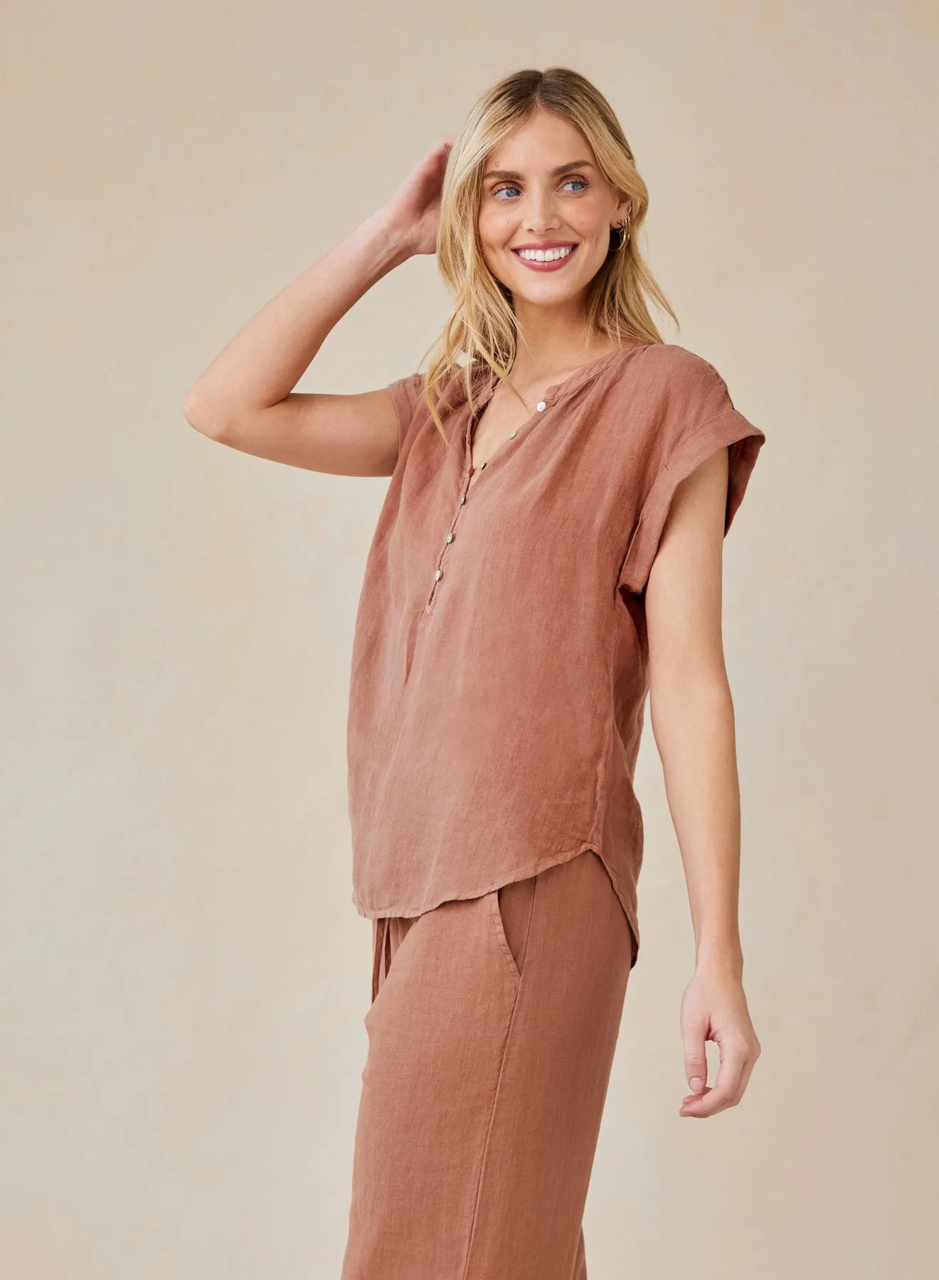 Linen Cap Sleeve Pullover - Terracotta Brown
