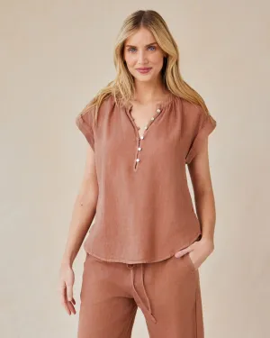 Linen Cap Sleeve Pullover - Terracotta Brown