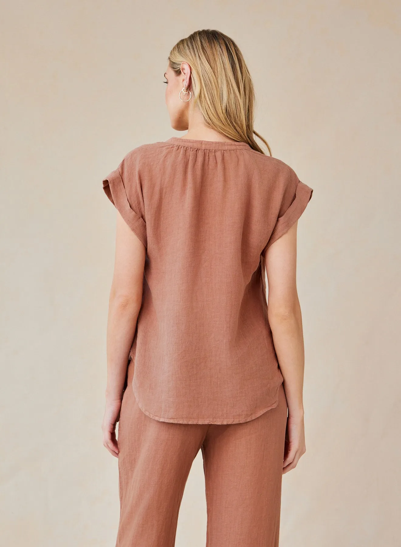 Linen Cap Sleeve Pullover - Terracotta Brown