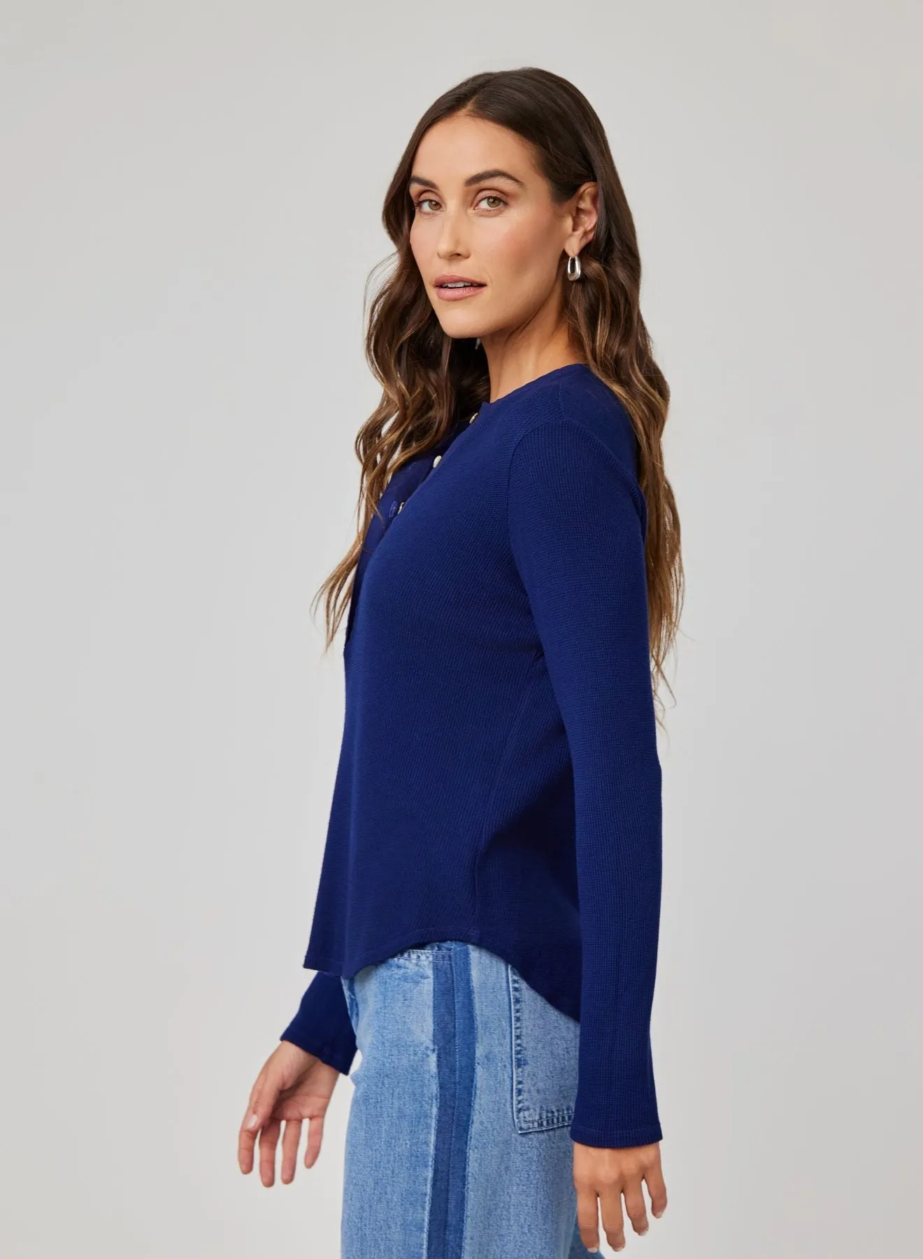 Long Sleeve Wide Placket Henley -  Navy Coast
