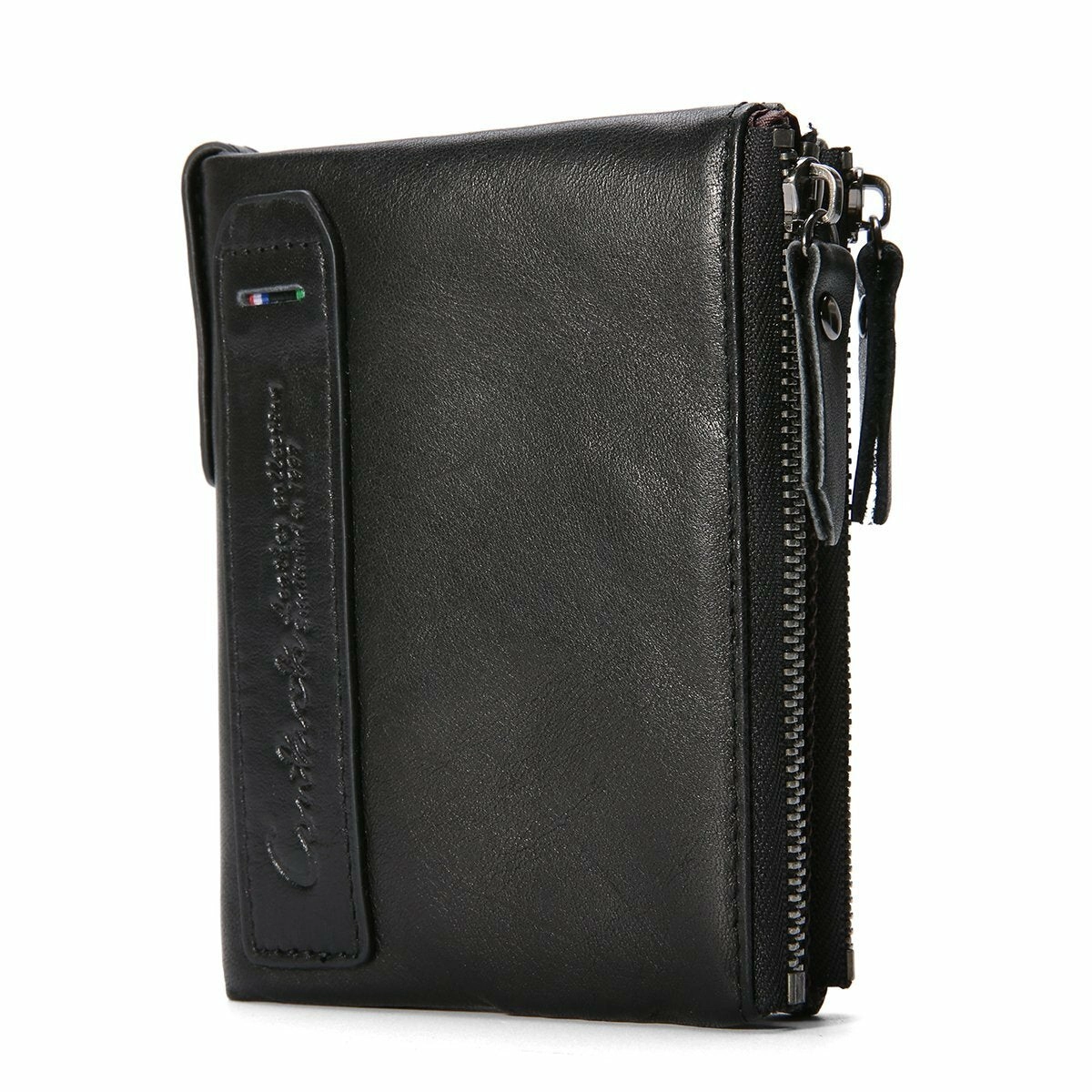 Men Genuine Leather Bifold Hasp Multi-Card Slot Card Holder Retro Double Zipper Pocket Coin Purse Short Money Clip Wallet