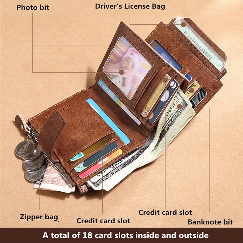 Men Genuine Leather Bifold RFID-Blocking 18 Card Slot Retro Large Capacity Foldable Card Holder Wallet Coin Purse Driver's License Wallet