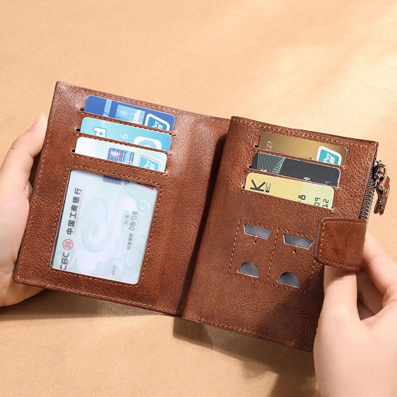 Men Genuine Leather Bifold RFID-Blocking 18 Card Slot Retro Large Capacity Foldable Card Holder Wallet Coin Purse Driver's License Wallet