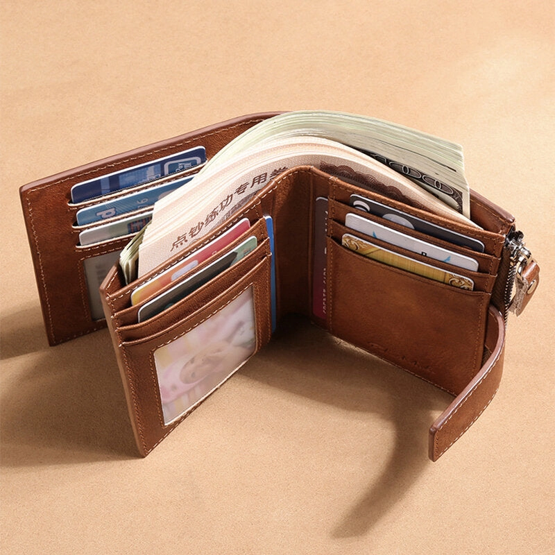 Men Genuine Leather Bifold RFID-Blocking 18 Card Slot Retro Large Capacity Foldable Card Holder Wallet Coin Purse Driver's License Wallet