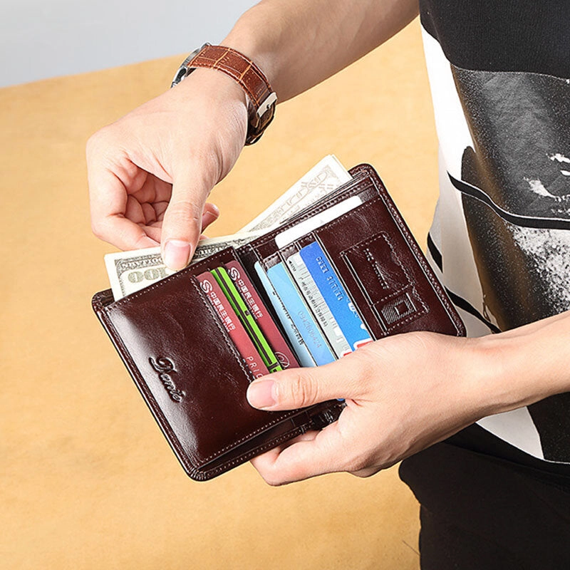 Men Genuine Leather Retro Bifold Thick RFID Anti-theft Card Holder Coin Purse Money Clip Cowhide Wallet