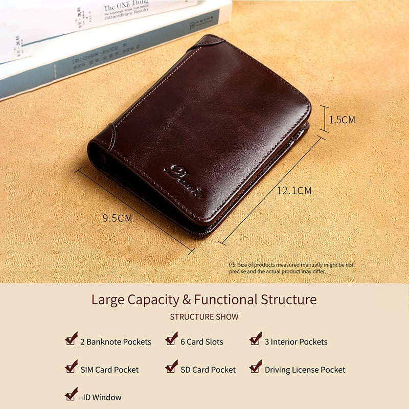 Men Genuine Leather Retro Bifold Thick RFID Anti-theft Card Holder Coin Purse Money Clip Cowhide Wallet