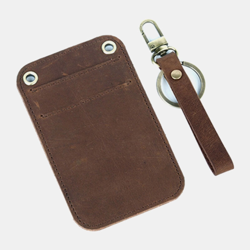 Men Genuine Leather Retro Mini License Card Wallet Card Case With Keychain Ring