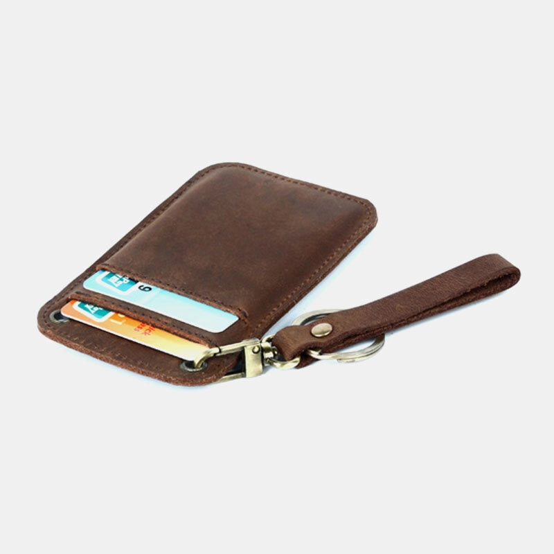 Men Genuine Leather Retro Mini License Card Wallet Card Case With Keychain Ring