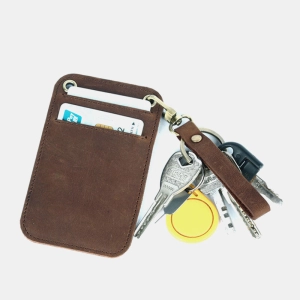 Men Genuine Leather Retro Mini License Card Wallet Card Case With Keychain Ring