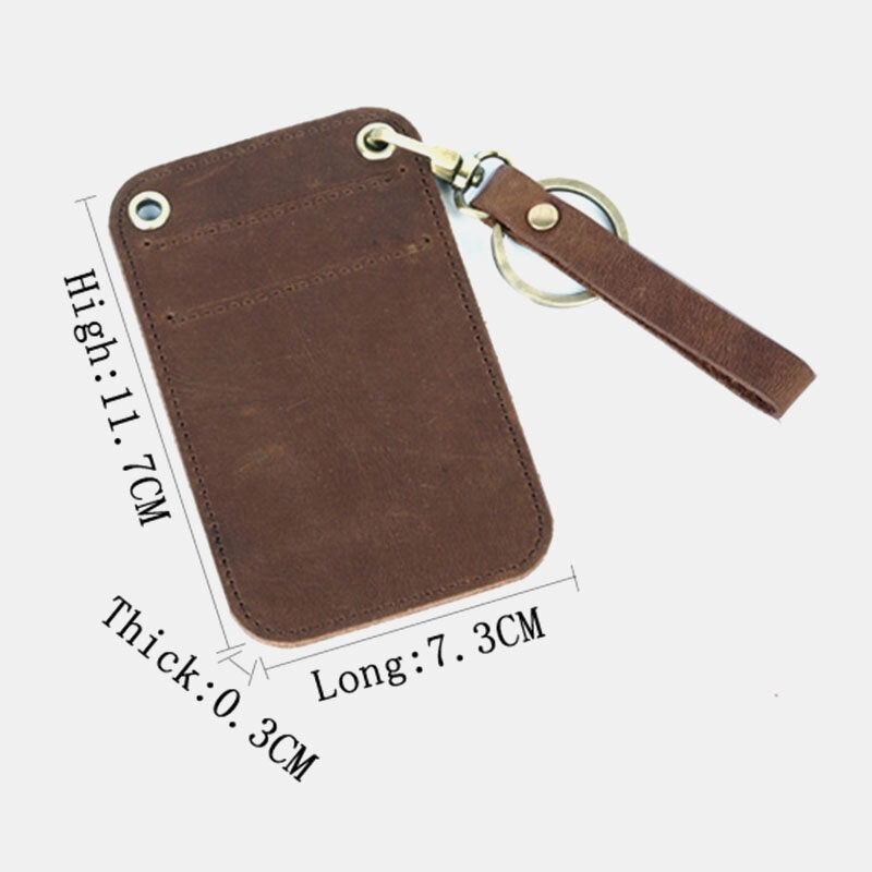Men Genuine Leather Retro Mini License Card Wallet Card Case With Keychain Ring