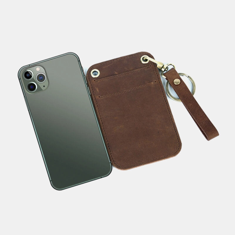 Men Genuine Leather Retro Mini License Card Wallet Card Case With Keychain Ring