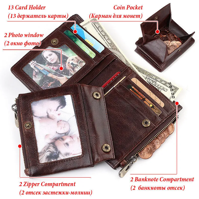 Men Genuine Leather RFID Anti-theft Double Zipper Retro Business Multi Card Slot Leather Card Holder Wallet