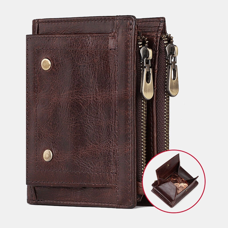 Men Genuine Leather RFID Anti-theft Double Zipper Retro Business Multi Card Slot Leather Card Holder Wallet