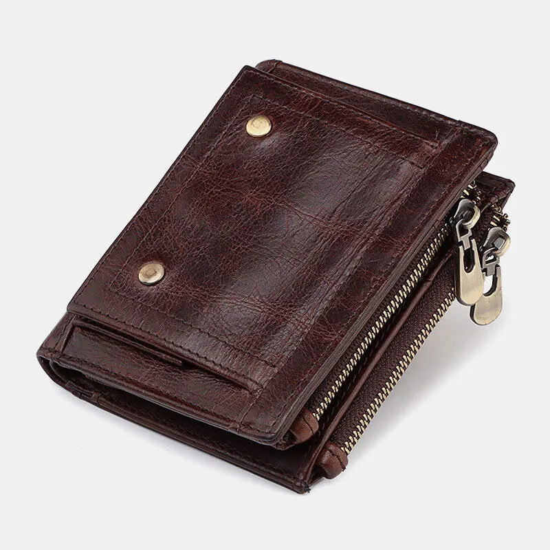 Men Genuine Leather RFID Anti-theft Double Zipper Retro Business Multi Card Slot Leather Card Holder Wallet