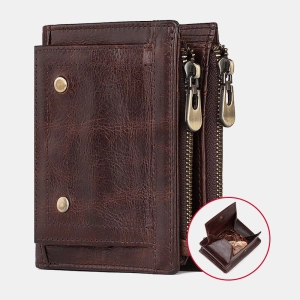 Men Genuine Leather RFID Anti-theft Double Zipper Retro Business Multi Card Slot Leather Card Holder Wallet