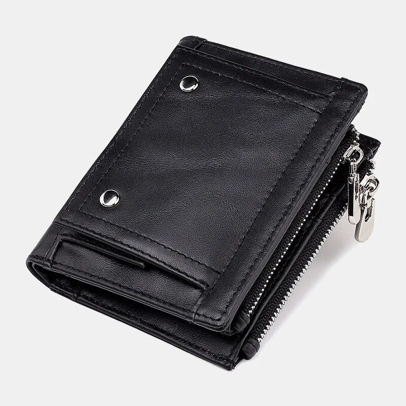 Men Genuine Leather RFID Anti-theft Double Zipper Retro Business Multi Card Slot Leather Card Holder Wallet