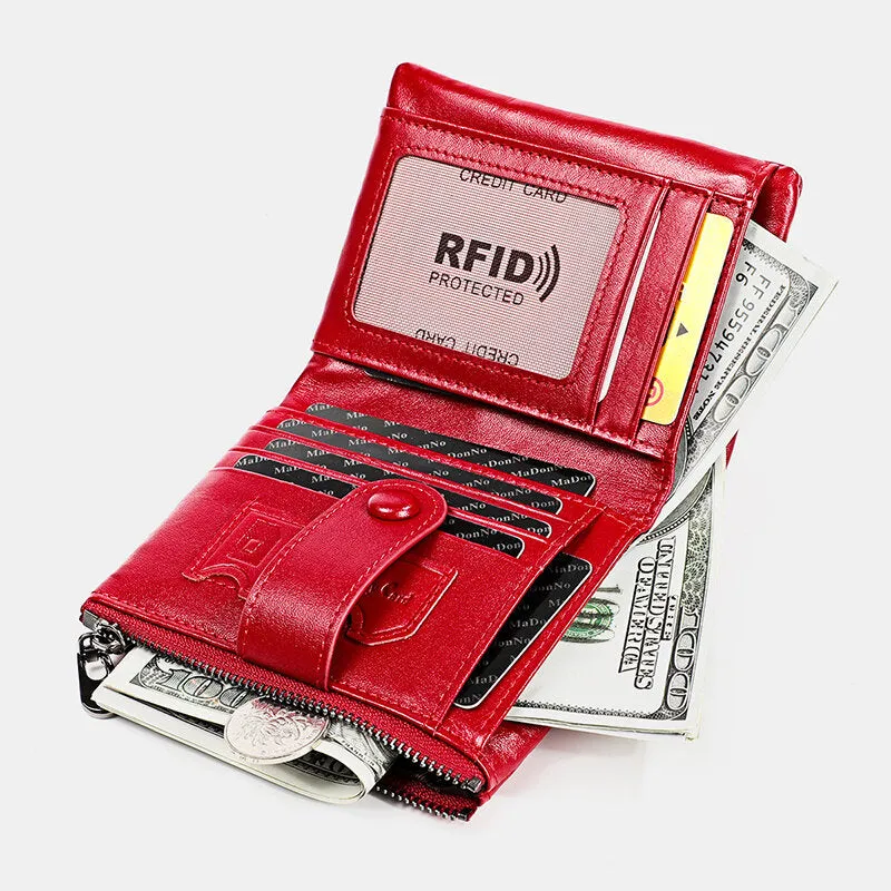 Men Genuine Leather RFID Double Zipper Retro Business Casual Style Multi-pocket Solid Color Wallet With Chain
