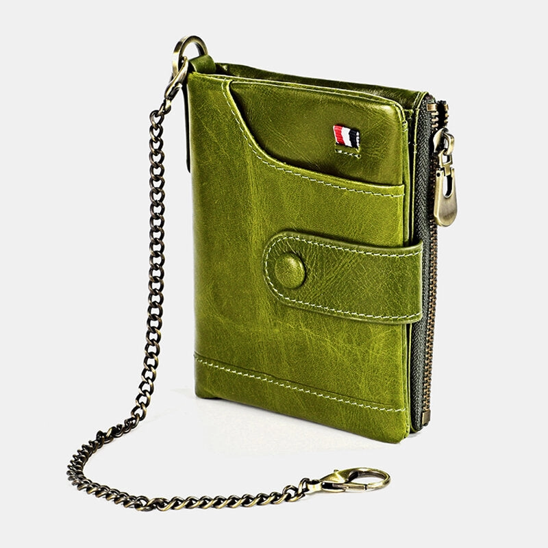 Men Genuine Leather RFID Double Zipper Retro Business Casual Style Multi-pocket Solid Color Wallet With Chain