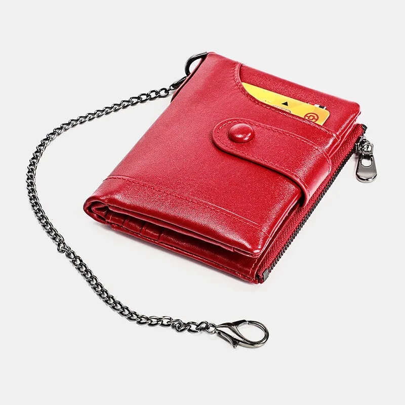 Men Genuine Leather RFID Double Zipper Retro Business Casual Style Multi-pocket Solid Color Wallet With Chain