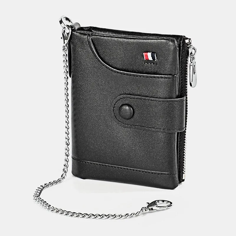Men Genuine Leather RFID Double Zipper Retro Business Casual Style Multi-pocket Solid Color Wallet With Chain
