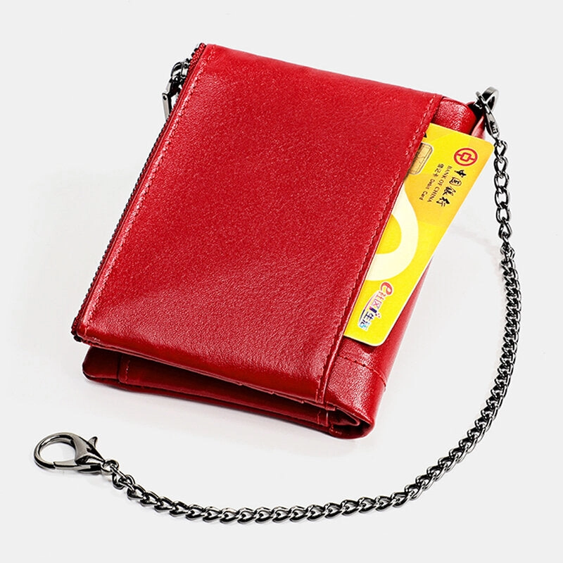 Men Genuine Leather RFID Double Zipper Retro Business Casual Style Multi-pocket Solid Color Wallet With Chain