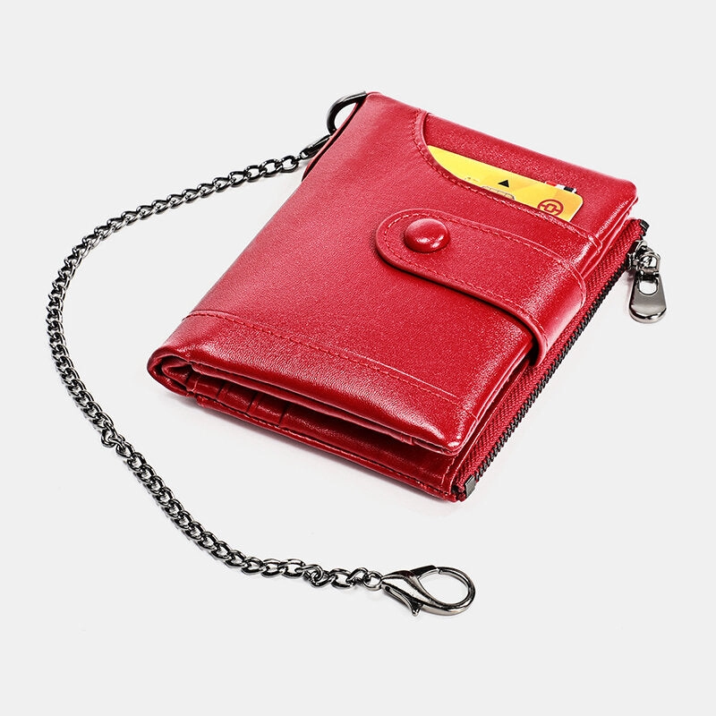 Men Genuine Leather RFID Double Zipper Retro Business Casual Style Multi-pocket Solid Color Wallet With Chain