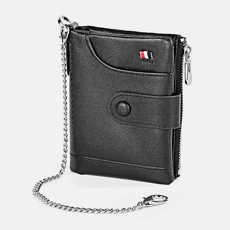 Men Genuine Leather RFID Double Zipper Retro Business Casual Style Multi-pocket Solid Color Wallet With Chain