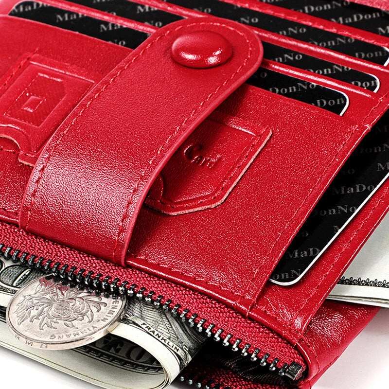 Men Genuine Leather RFID Double Zipper Retro Business Casual Style Multi-pocket Solid Color Wallet With Chain