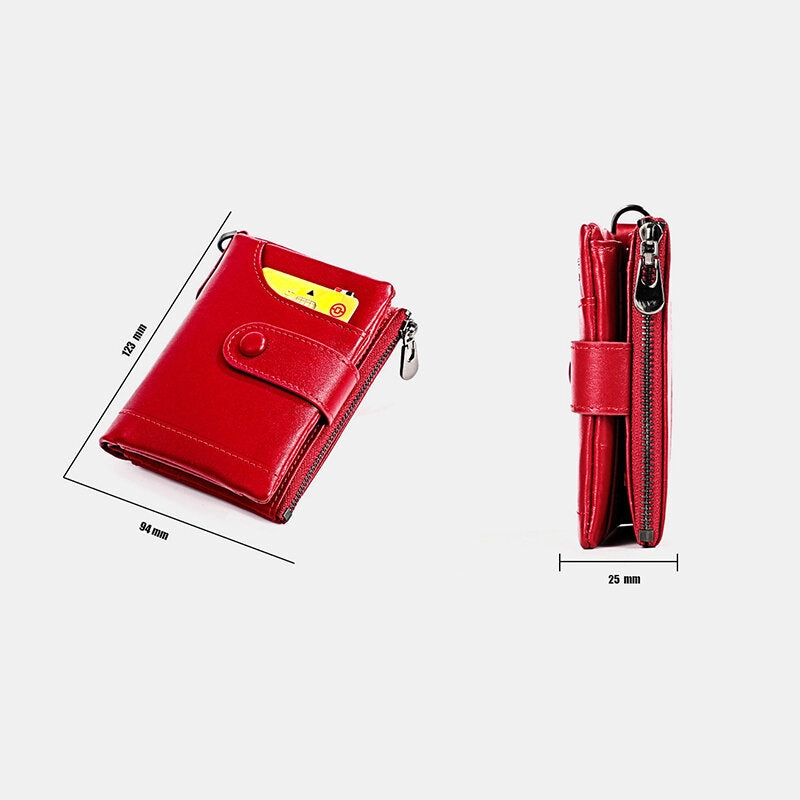Men Genuine Leather RFID Double Zipper Retro Business Casual Style Multi-pocket Solid Color Wallet With Chain