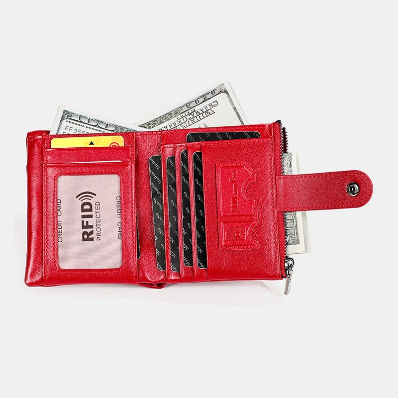 Men Genuine Leather RFID Double Zipper Retro Business Casual Style Multi-pocket Solid Color Wallet With Chain