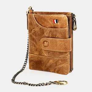 Men Genuine Leather RFID Double Zipper Retro Business Casual Style Multi-pocket Solid Color Wallet With Chain