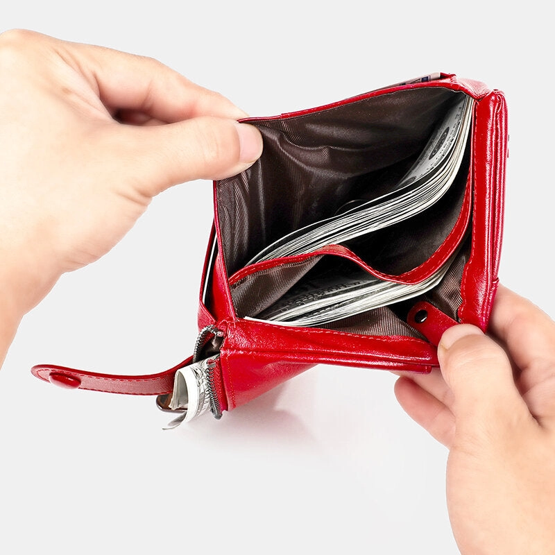 Men Genuine Leather RFID Double Zipper Retro Business Casual Style Multi-pocket Solid Color Wallet With Chain