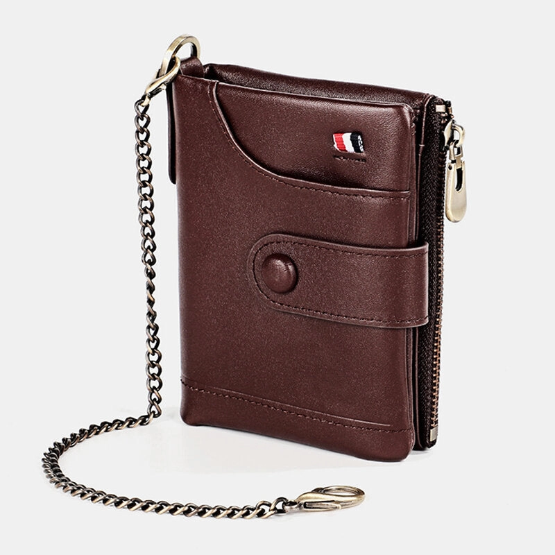 Men Genuine Leather RFID Double Zipper Retro Business Casual Style Multi-pocket Solid Color Wallet With Chain