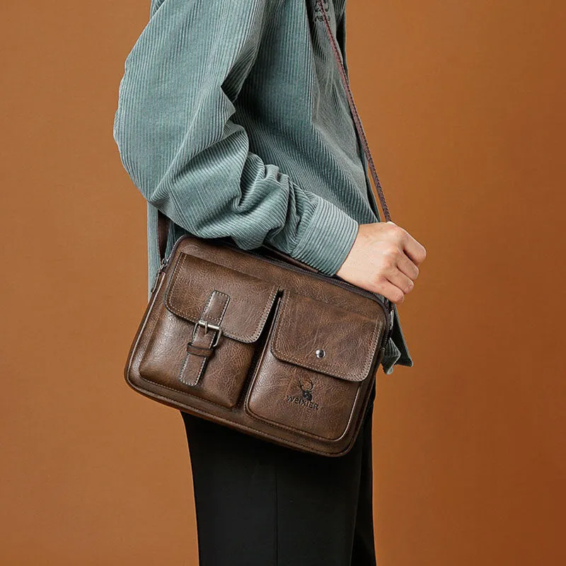 Men Horizontal Large Capacity PU Leather Crossbody Bags Waterproof Wear-resistant Messenger Bag Shoulder Bag Handbag