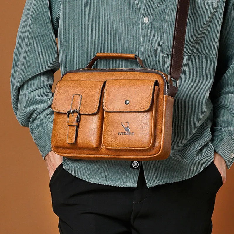 Men Horizontal Large Capacity PU Leather Crossbody Bags Waterproof Wear-resistant Messenger Bag Shoulder Bag Handbag