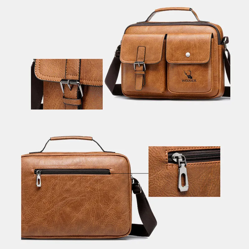 Men Horizontal Large Capacity PU Leather Crossbody Bags Waterproof Wear-resistant Messenger Bag Shoulder Bag Handbag