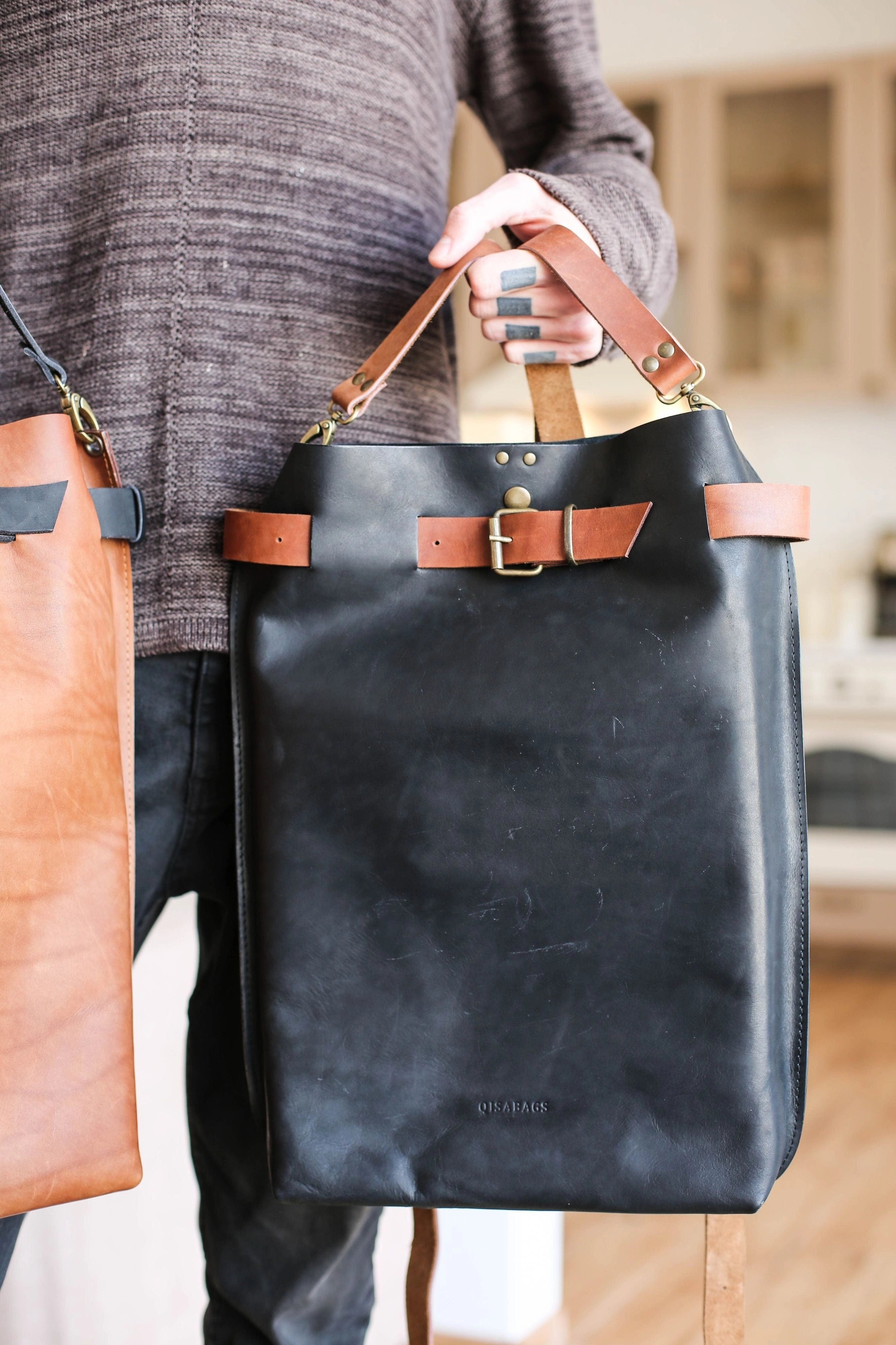 Men's Black w/Brown Leather Backpack