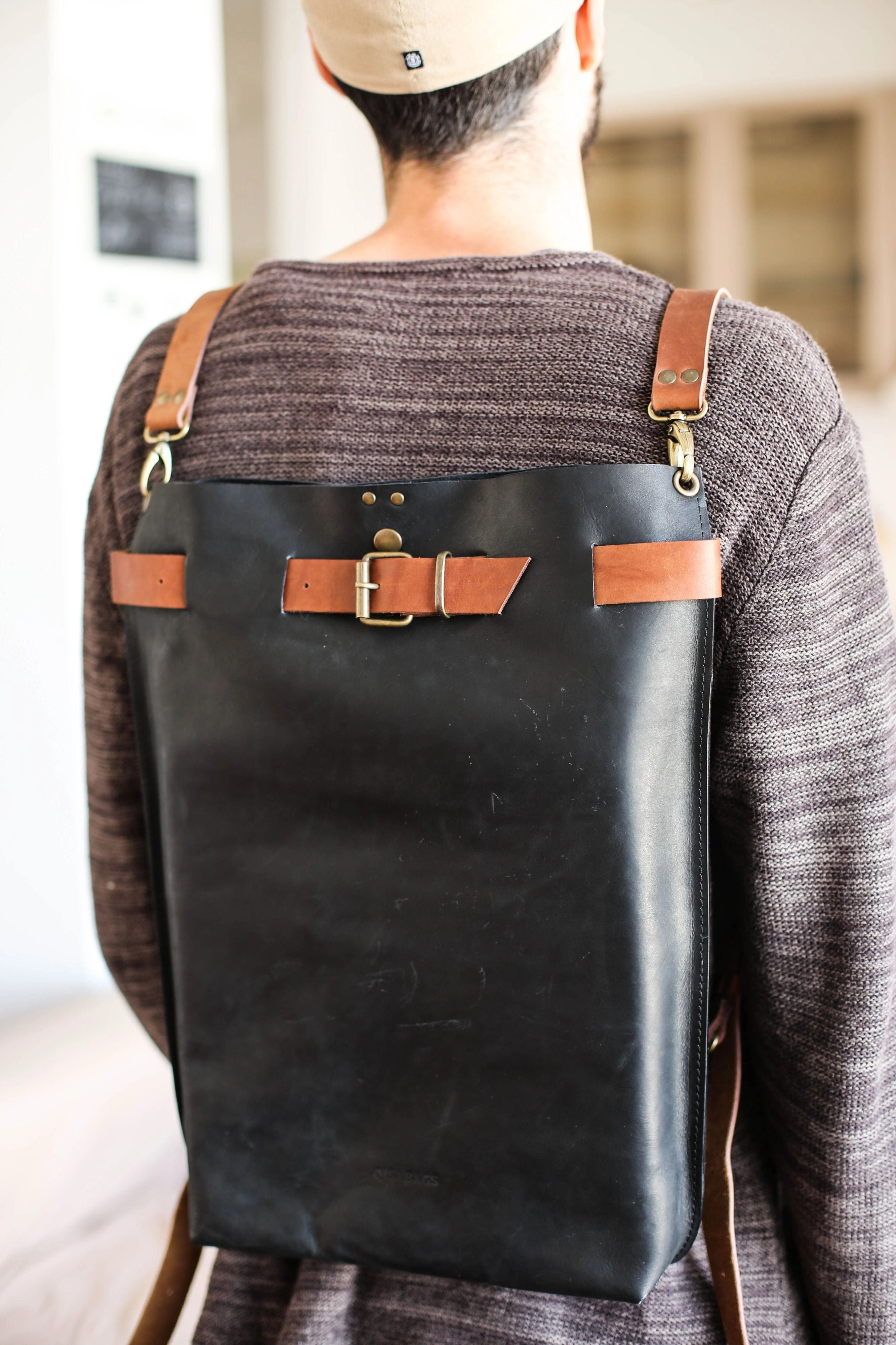 Men's Black w/Brown Leather Backpack