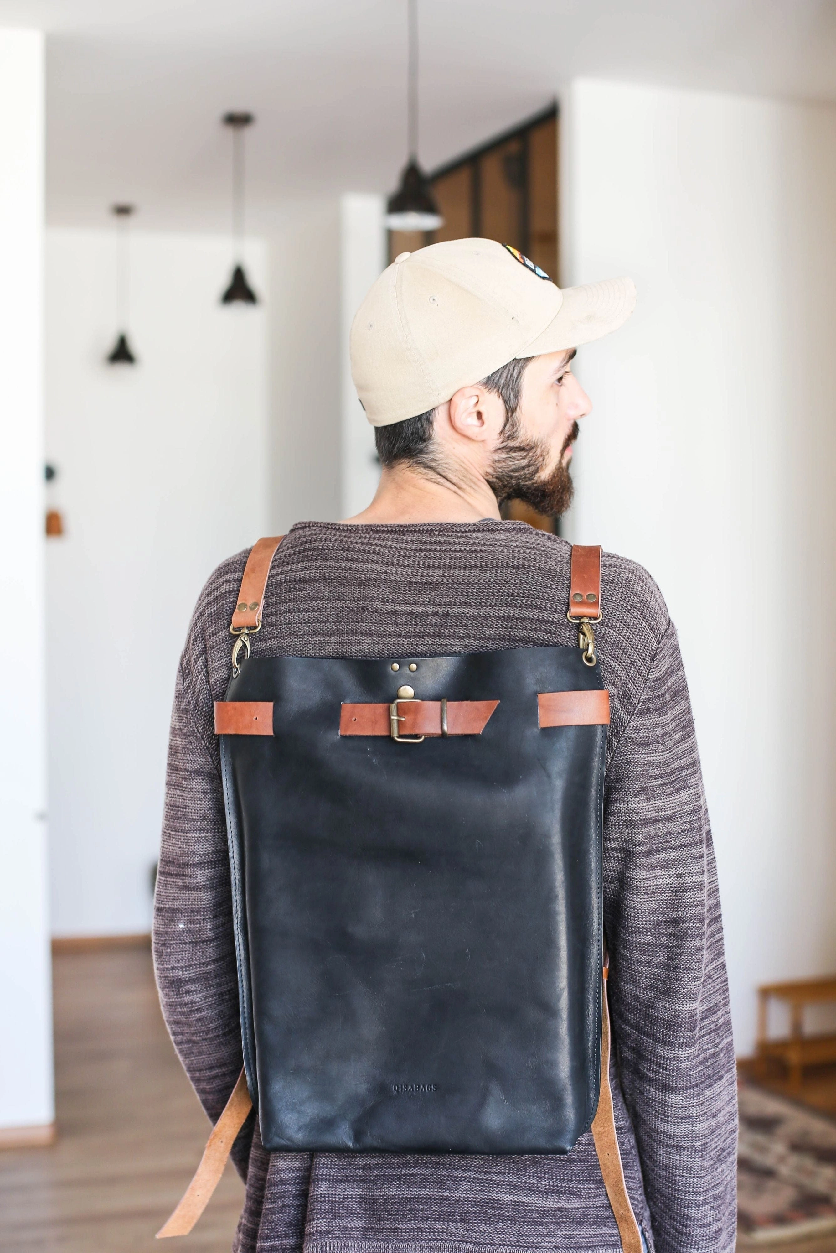 Men's Black w/Brown Leather Backpack