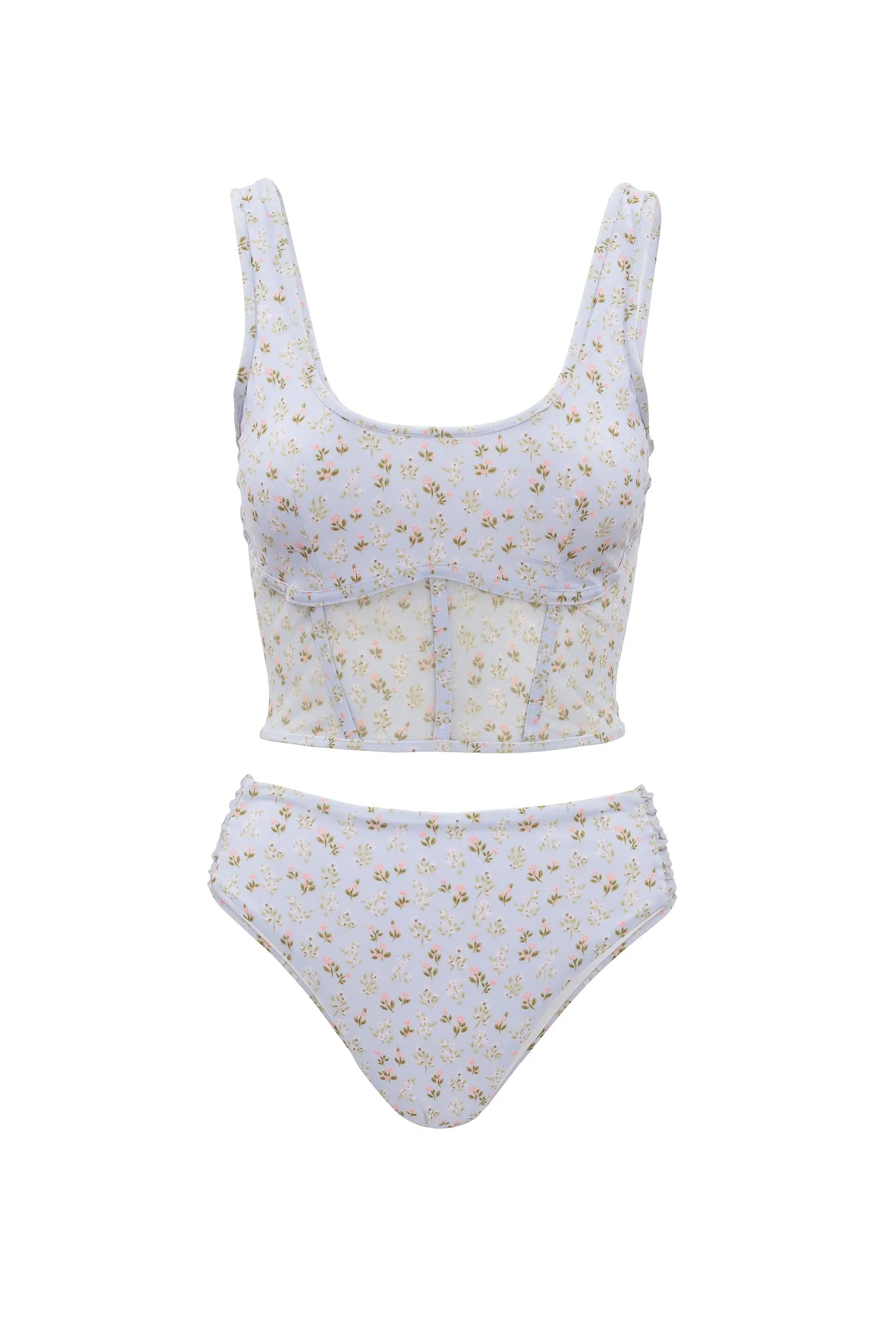 Mid Rise Ruched Bottom in Blue Ditsy Floral