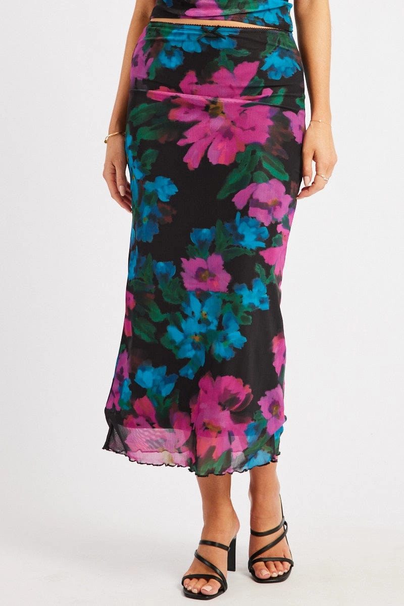 Multi Floral Mesh Skirt Elasticated Picot Trim Midaxi