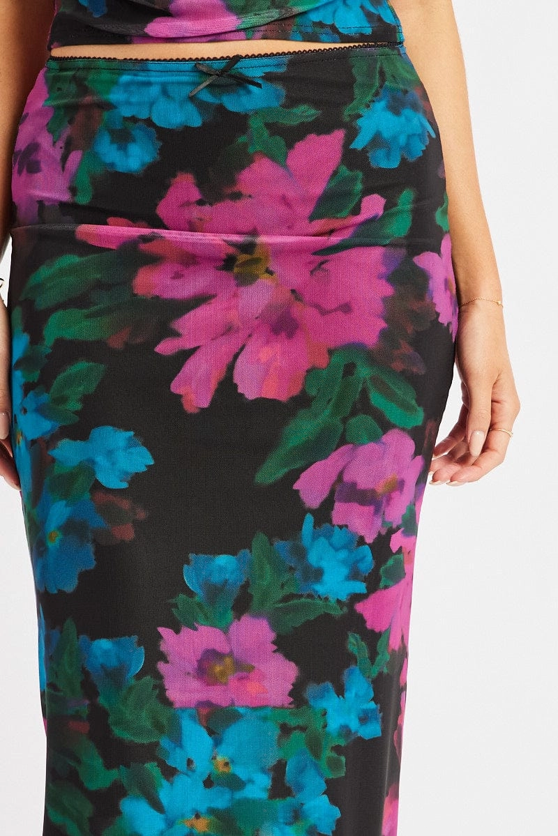 Multi Floral Mesh Skirt Elasticated Picot Trim Midaxi
