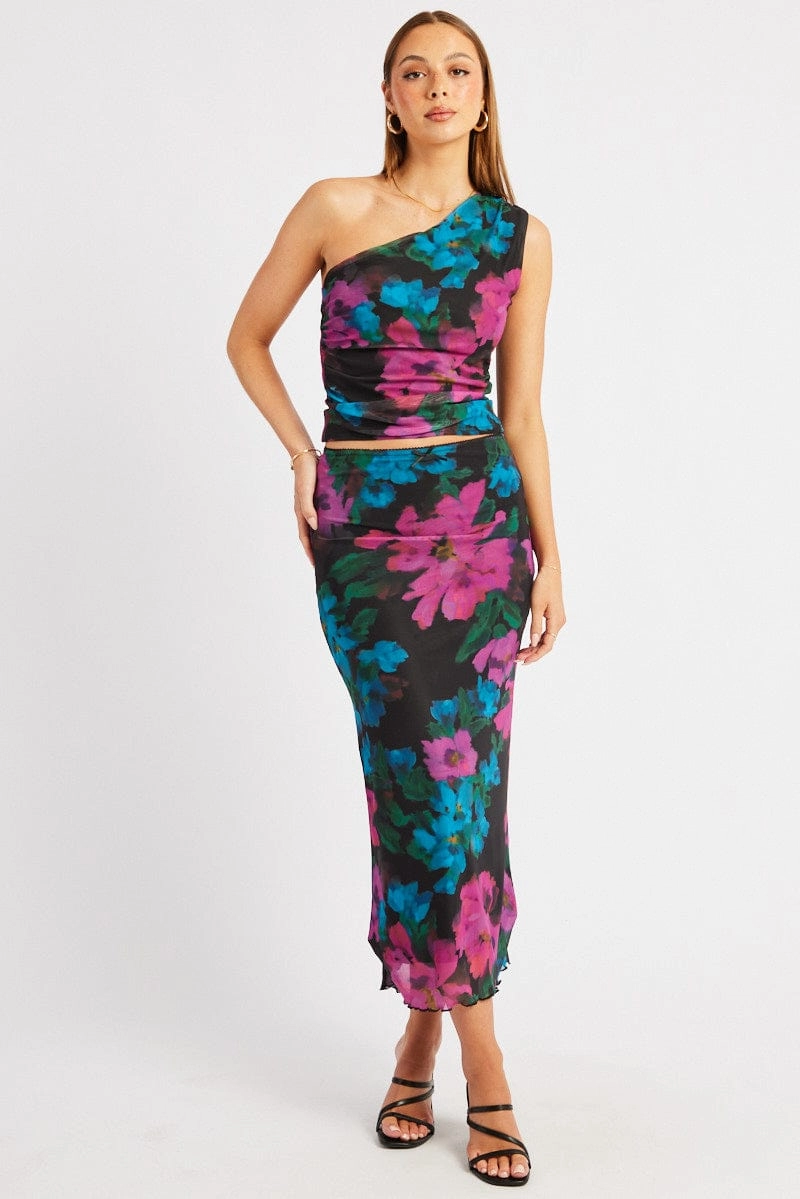 Multi Floral Mesh Skirt Elasticated Picot Trim Midaxi