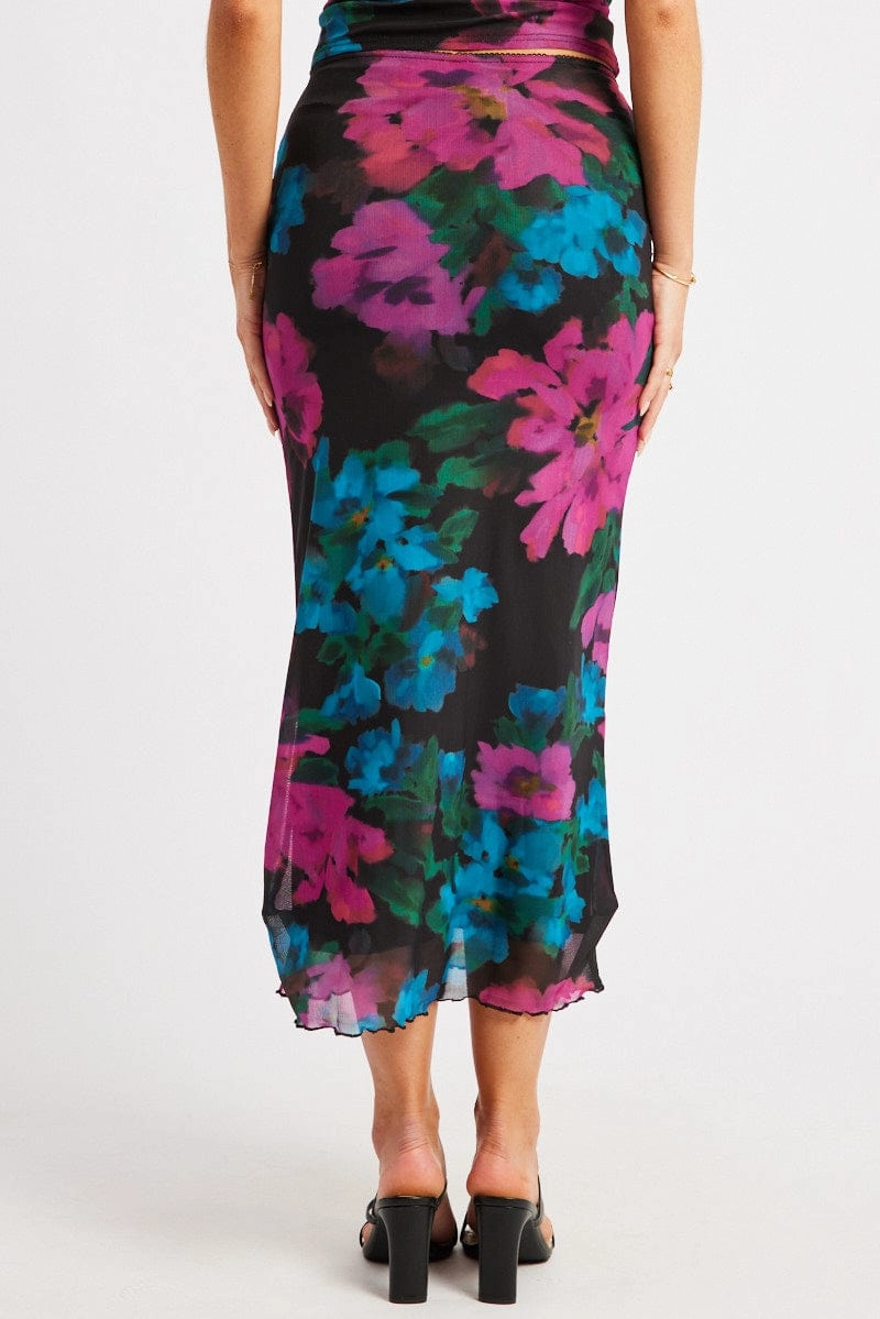 Multi Floral Mesh Skirt Elasticated Picot Trim Midaxi