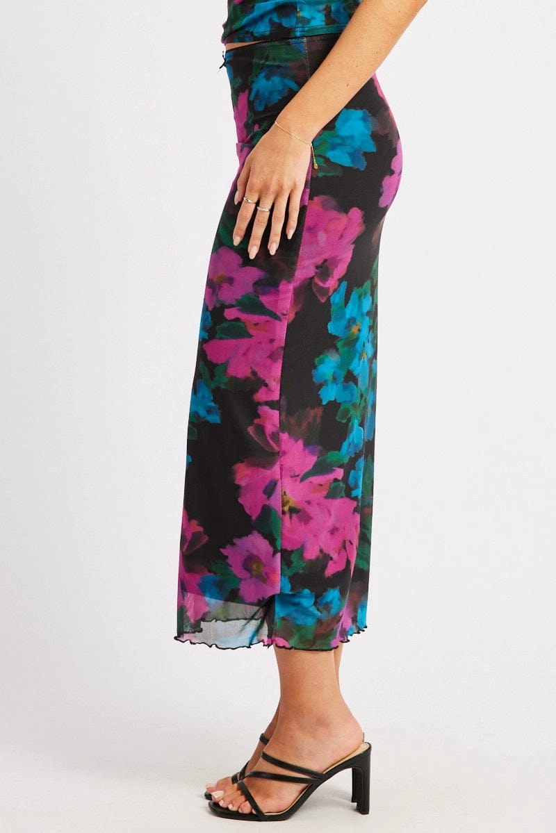 Multi Floral Mesh Skirt Elasticated Picot Trim Midaxi