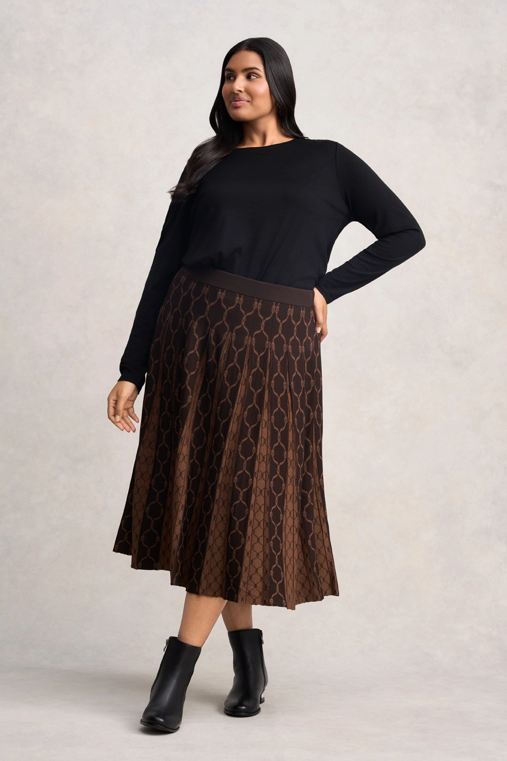 Pleated Knit Skirt - Chocolate & Camel